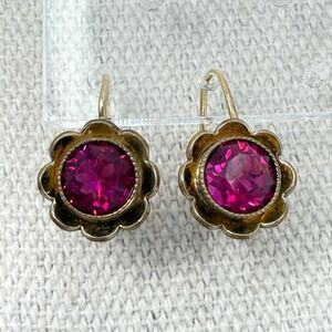 Vintage Rolled Gold Flower Earrings Faceted Pink Ruby Red Stone Minimal Dainty